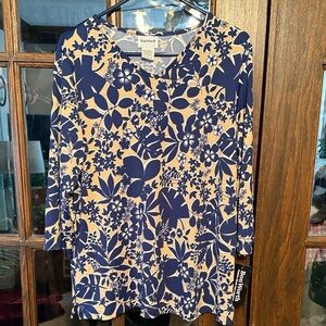 BonWorth Navy and Tan Floral‎ Long Sleeve Top